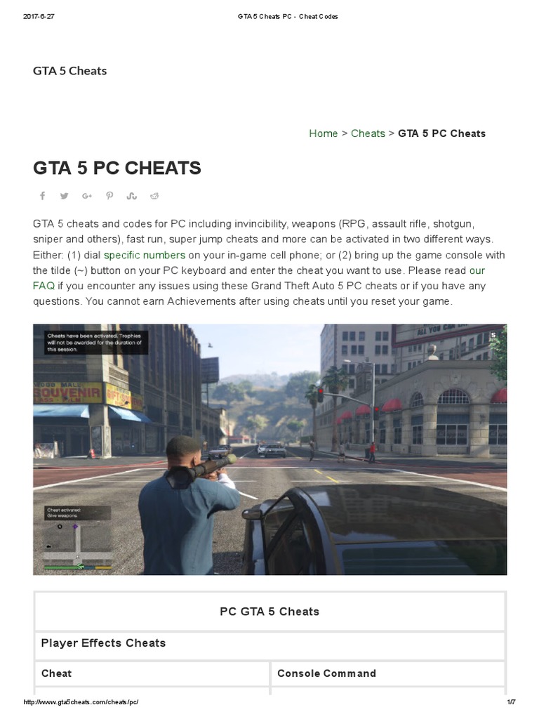 GTA 5 Cheats PC - Cheat Codes, PDF, Cheating In Video Games